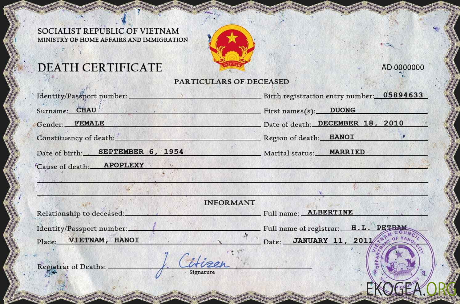 Modèle PSD de certificat de décès du Vietnam
